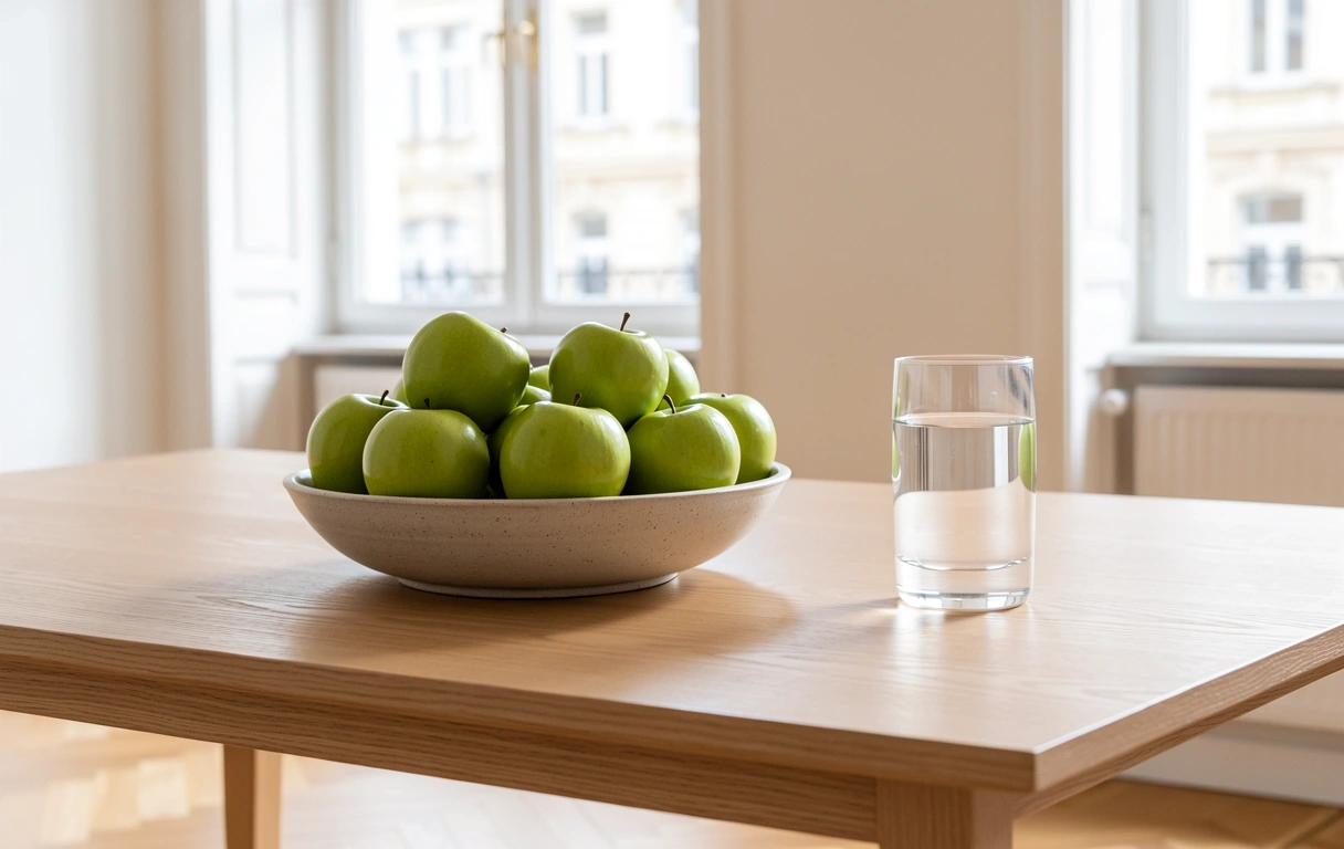 Frisches Obst und Wasser in einer hellen Umgebung